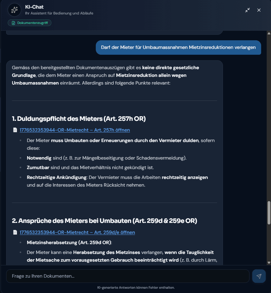 FlatpeX KI-Assistent im Dashboard: Antwort zu mietrechtlichen Grundlagen mit Quellenangabe