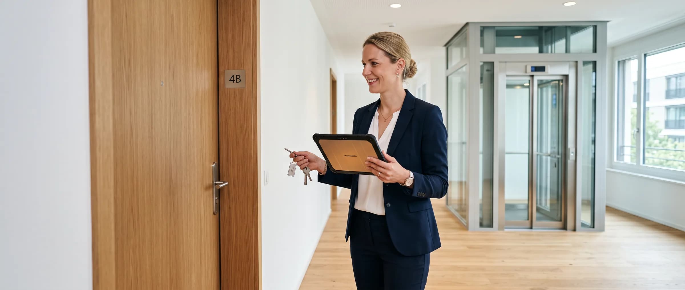 Bewirtschafterin mit Tablet vor der Wohnungstür — Protokoll versendet, ohne Nacharbeit im Büro