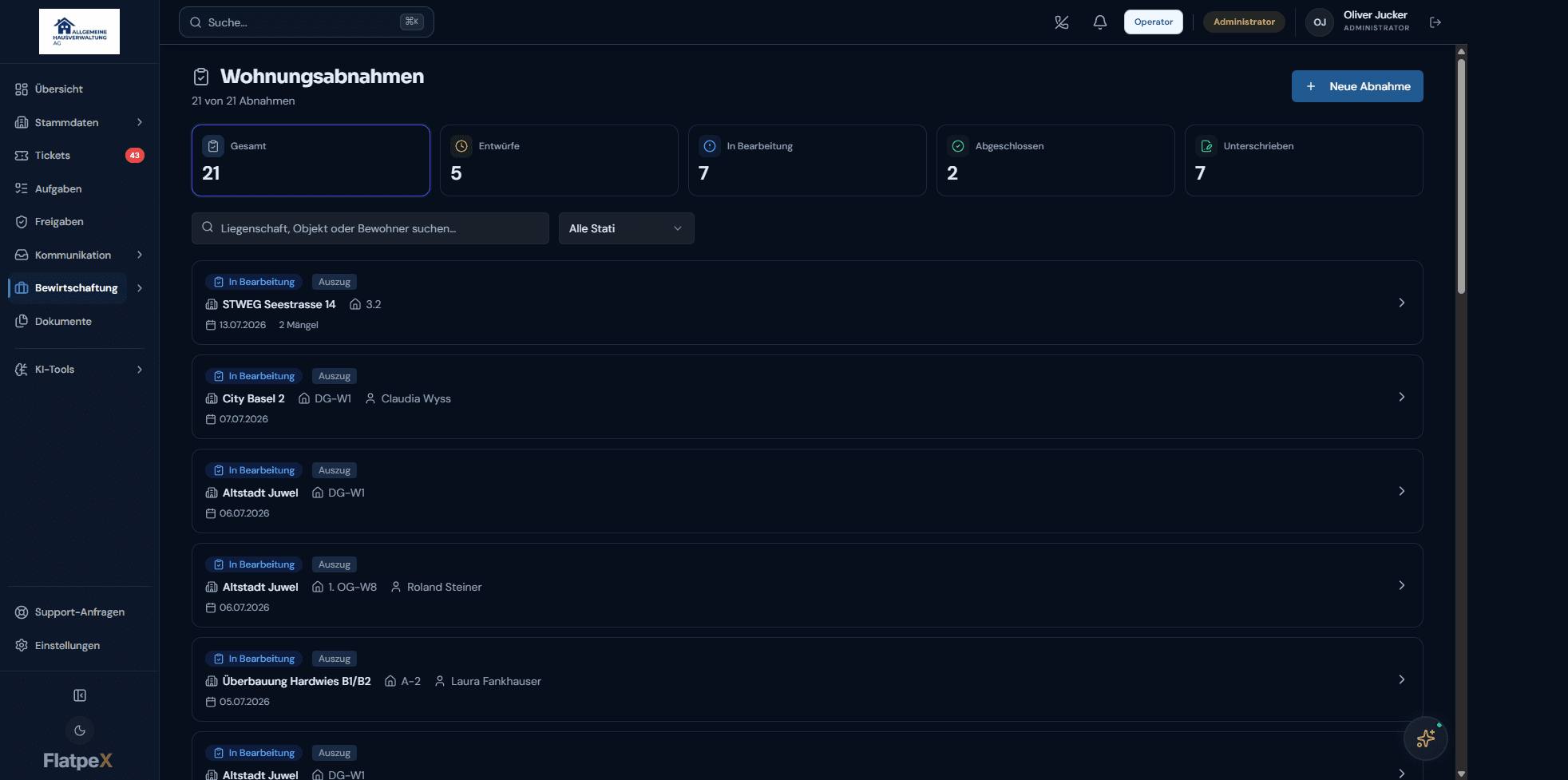 Liste der Wohnungsabnahmen im FlatpeX Dashboard mit Status und Terminen