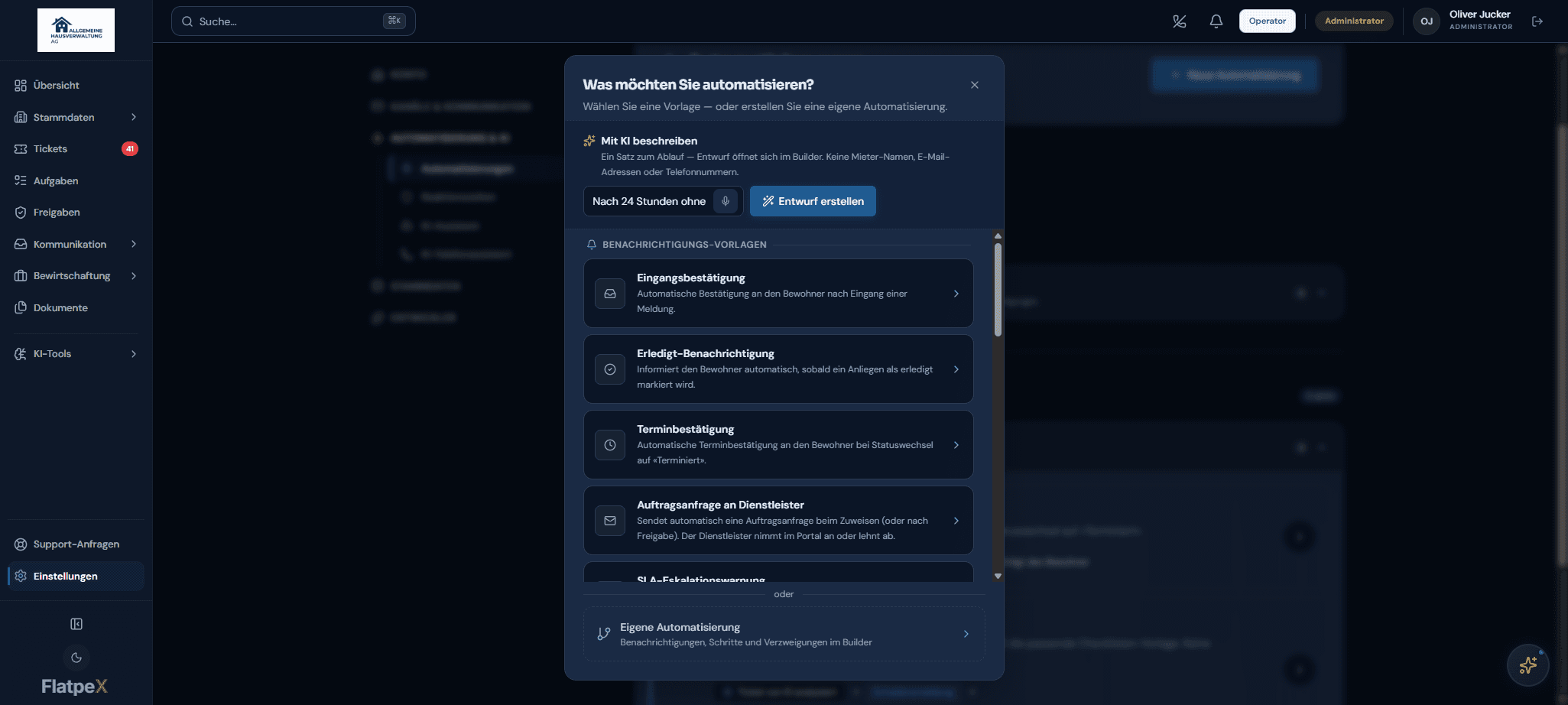 Eingabe Mit KI beschreiben für einen Workflow-Entwurf