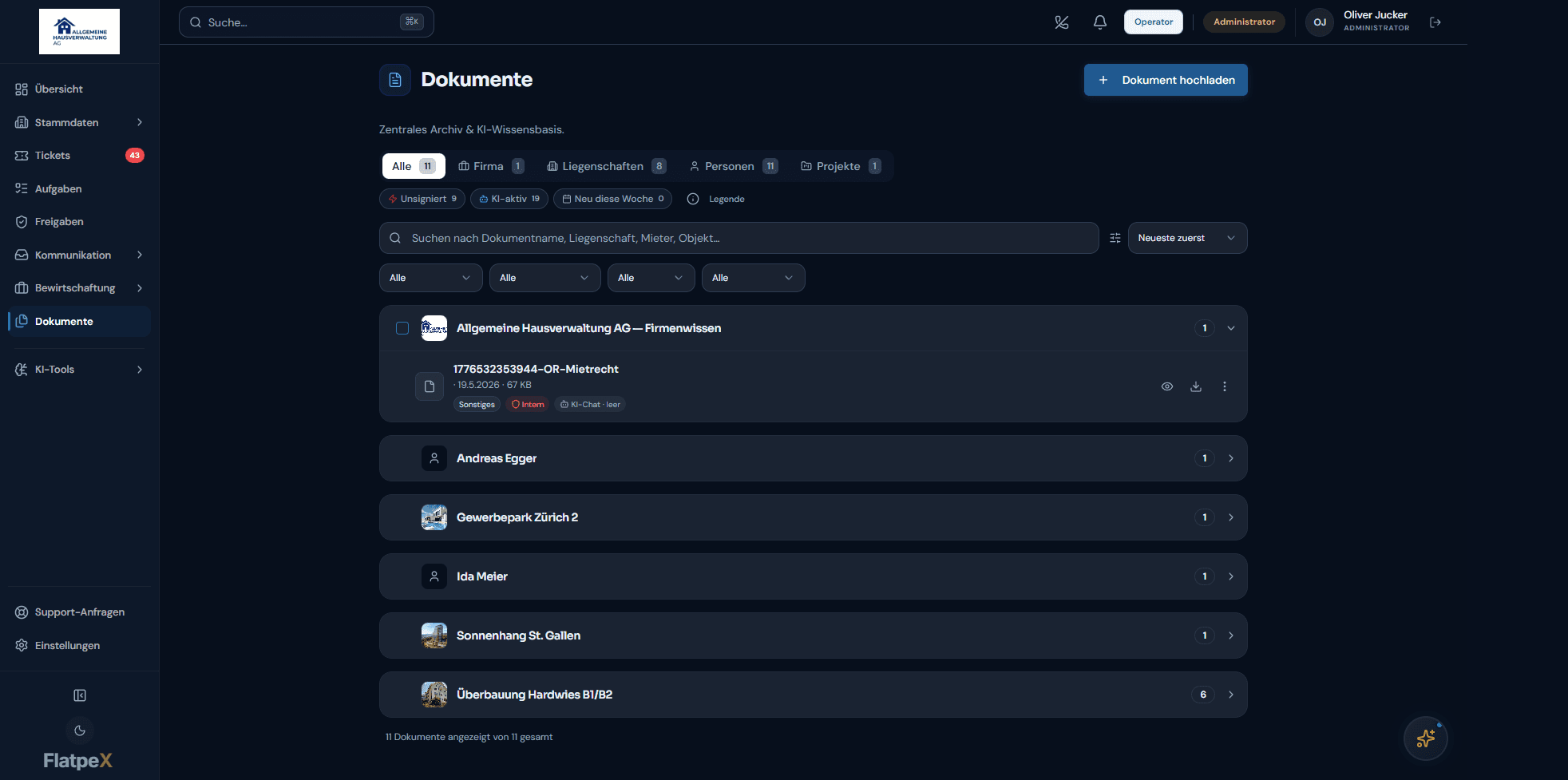 Dokumentenliste im FlatpeX Dashboard mit Filteransichten und KI-Freigabe-Status