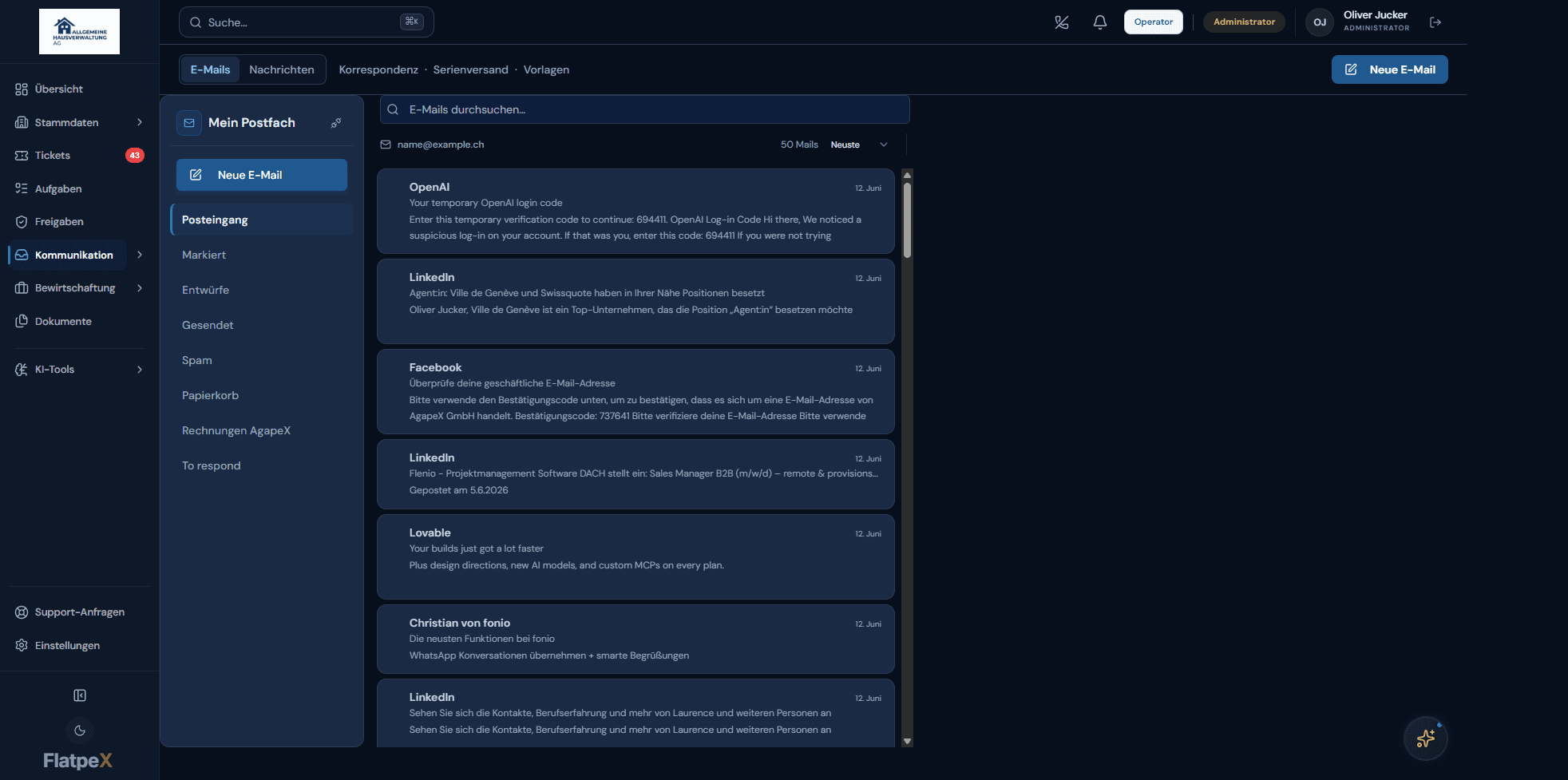 Kommunikationsübersicht im FlatpeX Dashboard mit Portal-, E-Mail- und Briefversand