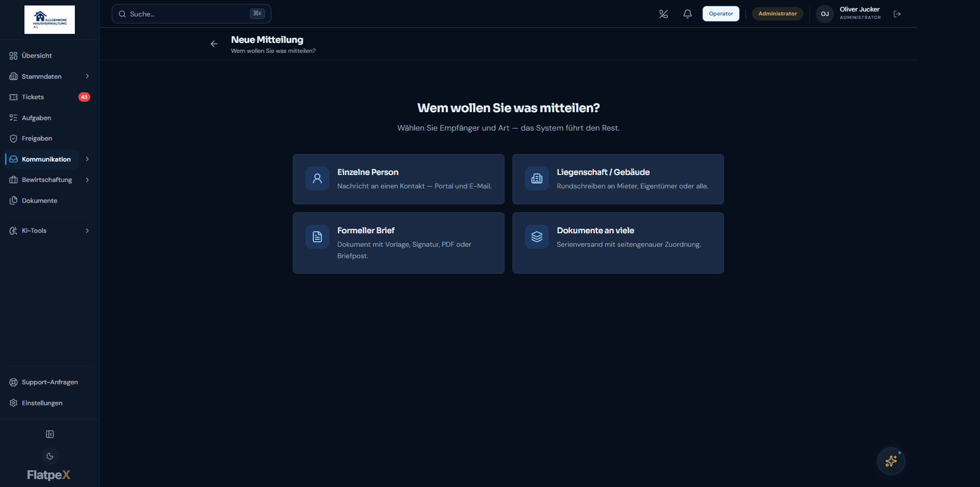Neue Mitteilung im FlatpeX Dashboard mit Kanalwahl Portal, E-Mail oder Brief