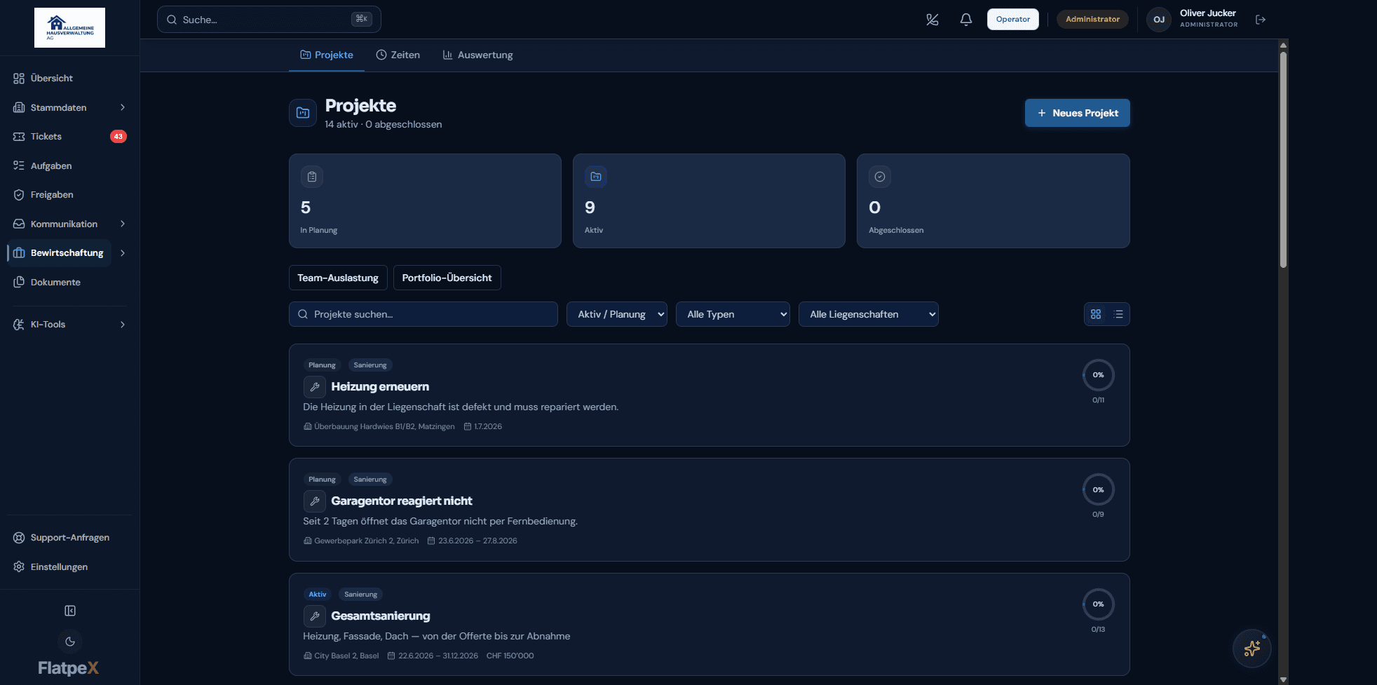 Projekt-Board im FlatpeX Dashboard mit Spalten für offene und laufende Sanierungsfälle