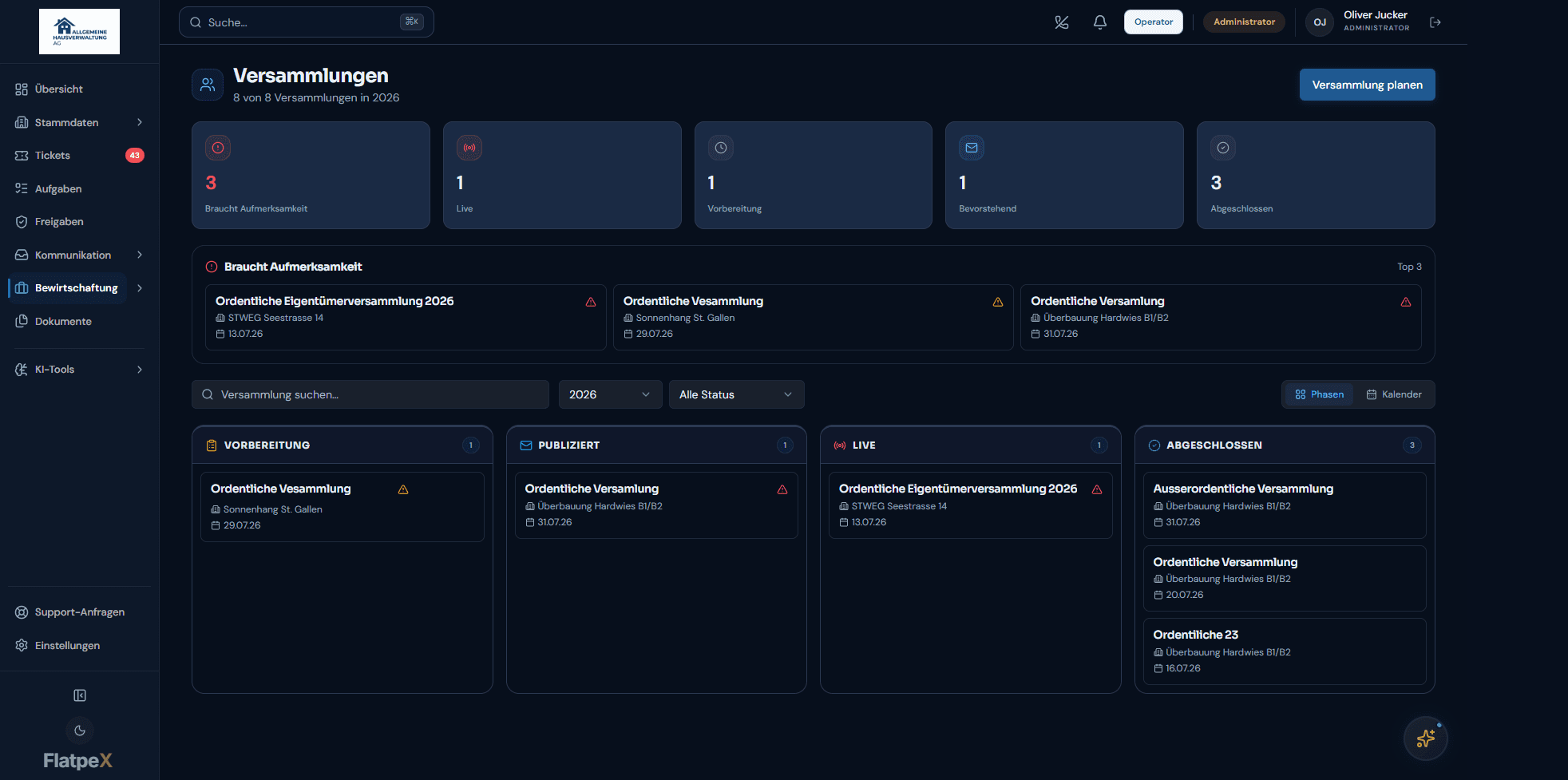 Übersicht aller Versammlungen mit Status und Versandkanälen im FlatpeX Dashboard