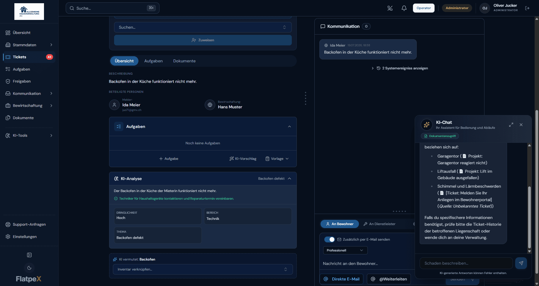 FlatpeX KI-Assistent beantwortet eine Frage zur Hausordnung mit Quellenangabe