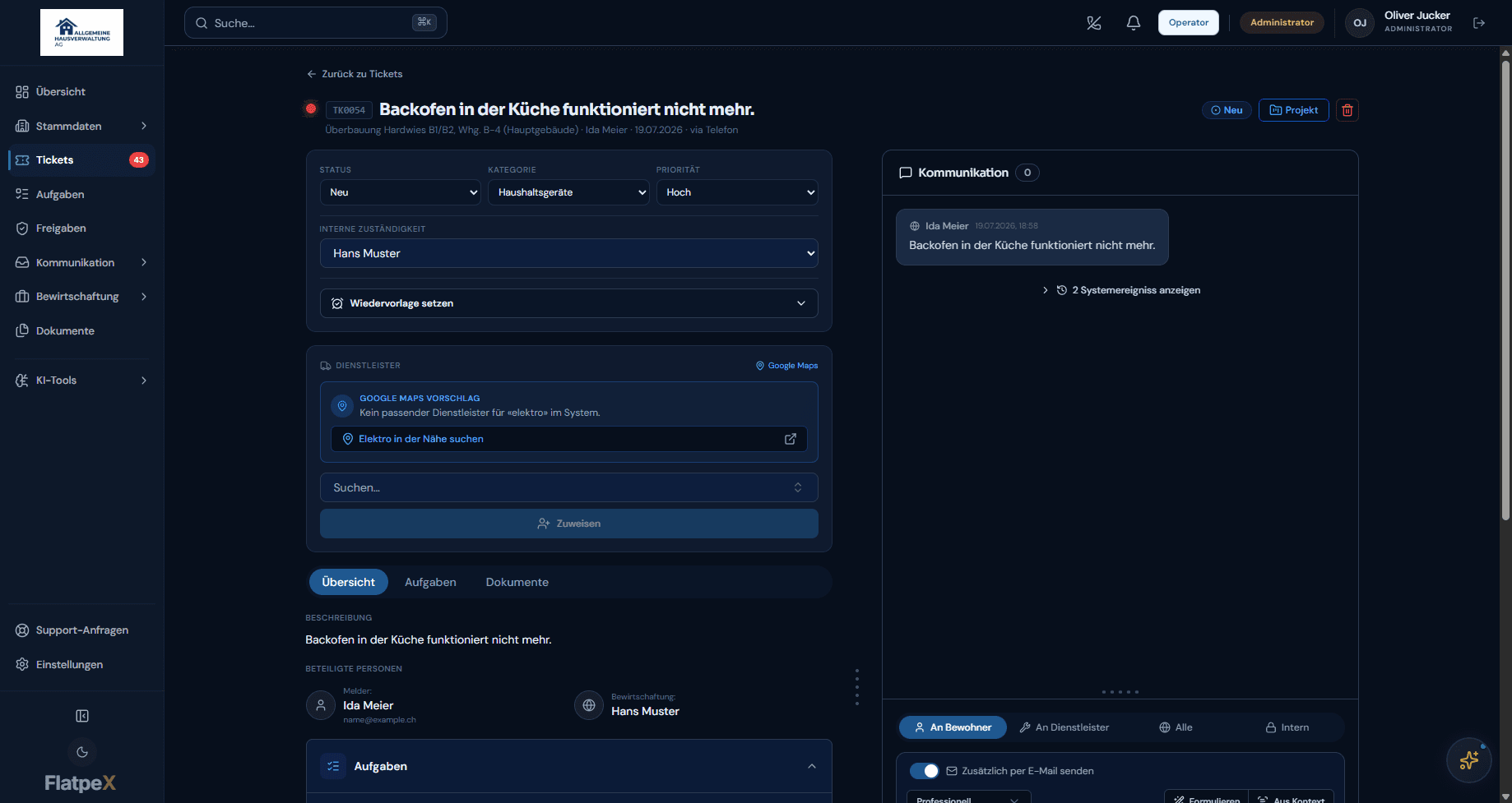 Vorgangs-Detail mit Status, Kategorie, Priorität und Dienstleister-Vorschlag
