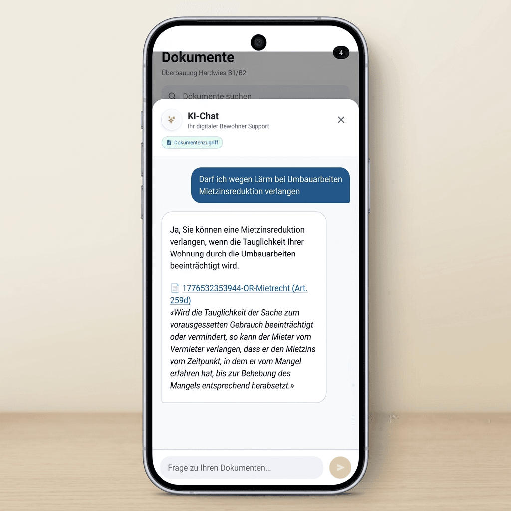 Bewohner-App: KI-Assistent beantwortet eine Frage zur Hausordnung mit Quellenangabe