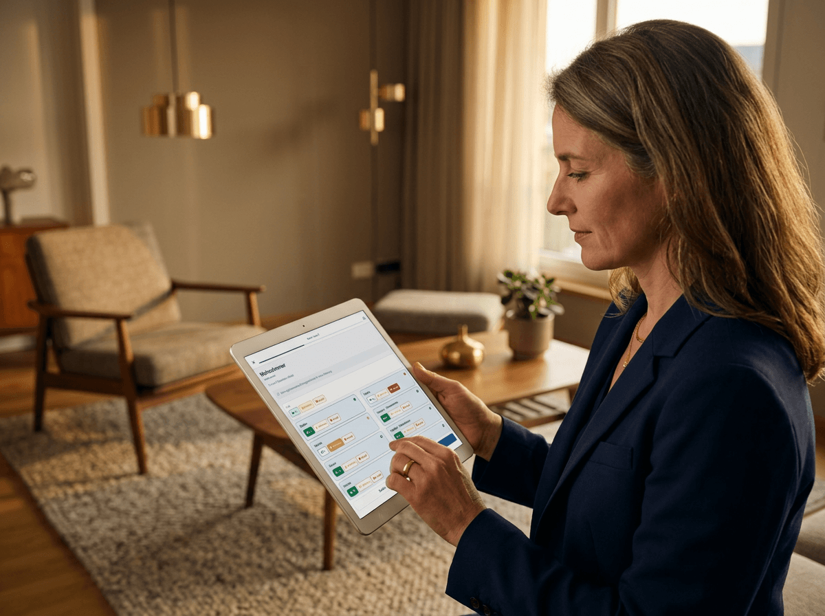 Bewirtschafterin dokumentiert bei einer Wohnungsabnahme Mängel auf dem Tablet