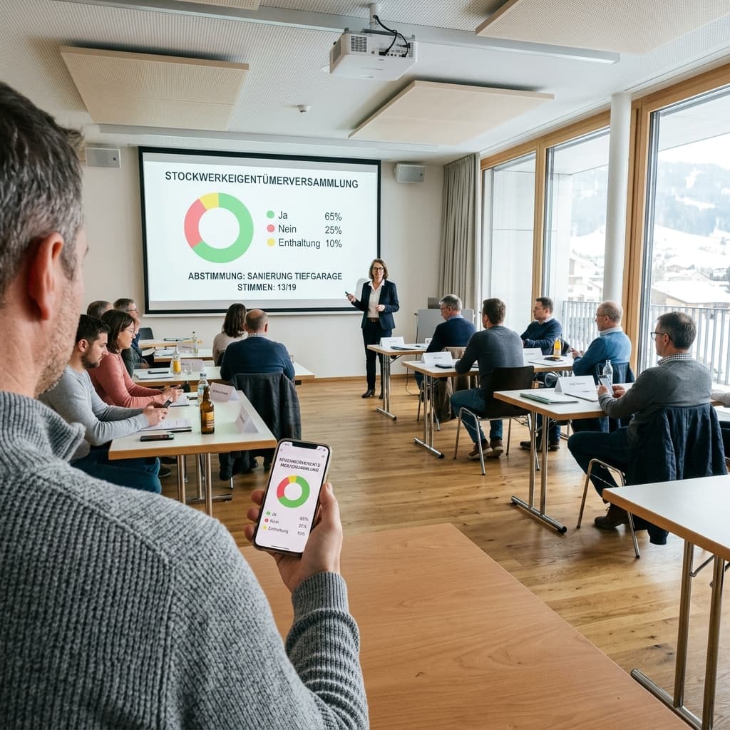 Eigentümerversammlung im Sitzungssaal, Abstimmung mit Resultaten auf dem Beamer