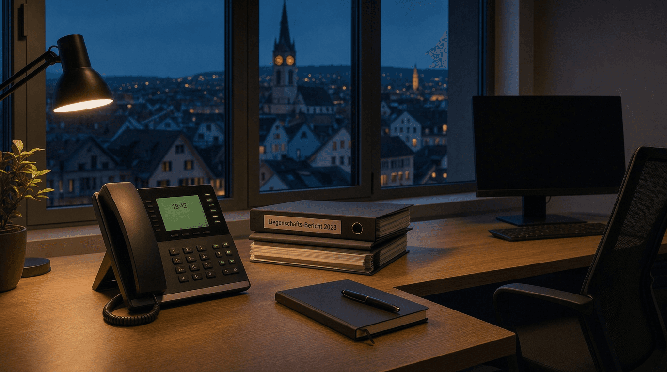 Ruhiges Büro am späten Abend, die Telefon-KI nimmt einen Anruf entgegen