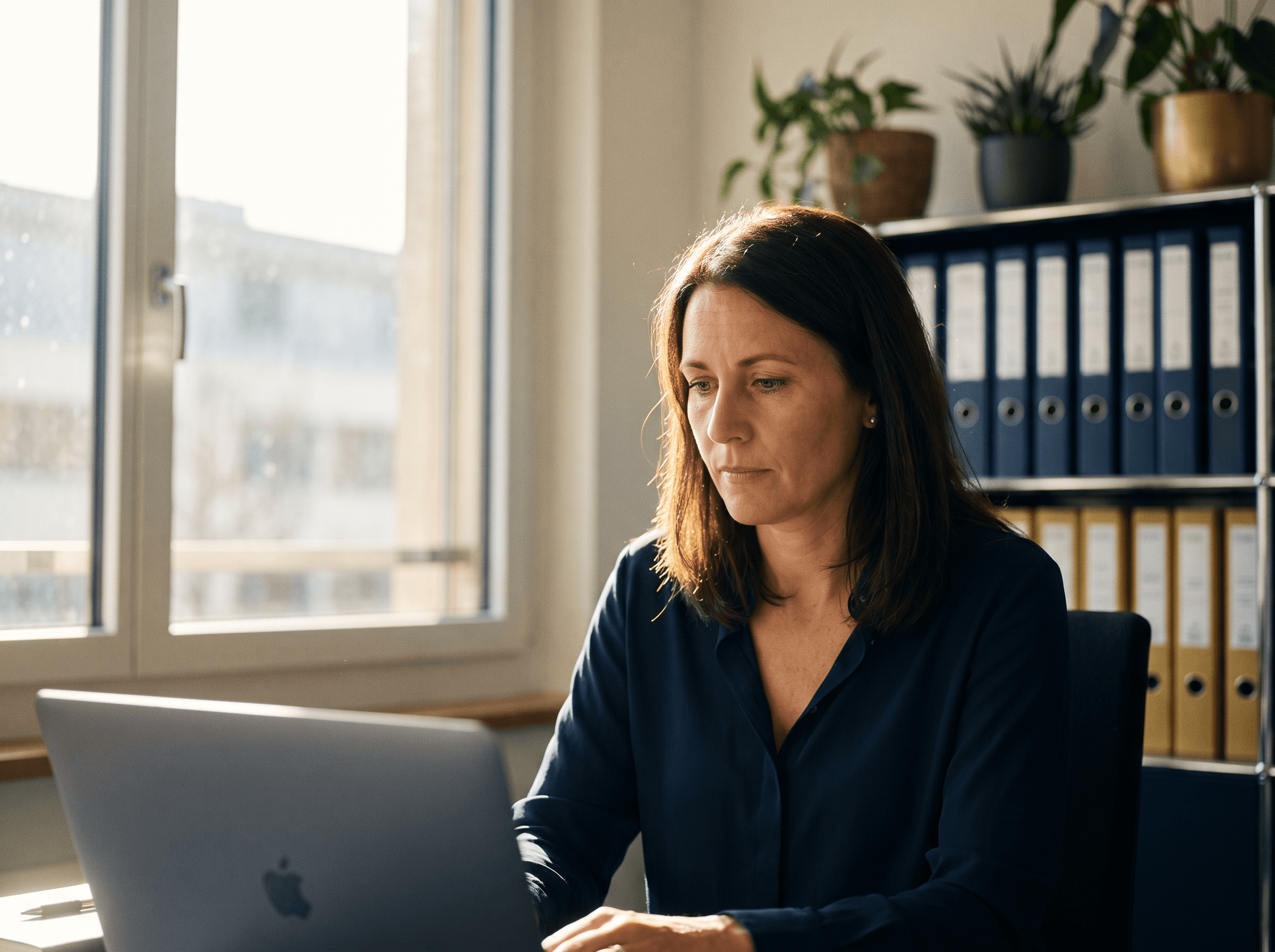 Bewirtschafterin durchsucht am Laptop digitale Dokumente vor einem Regal mit Ordnern