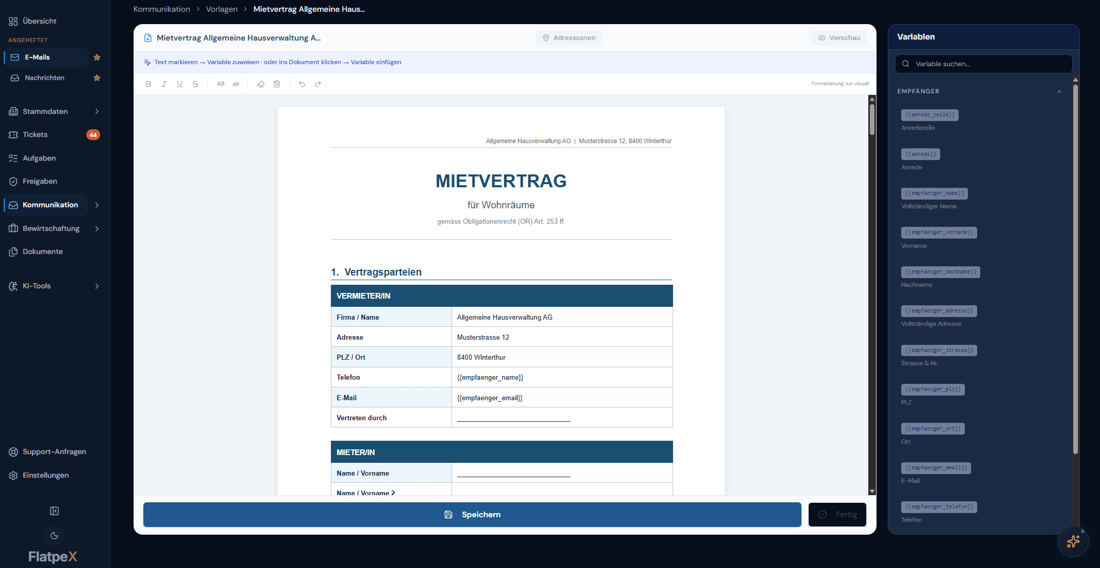 Word-Vorlagen-Editor im FlatpeX Dashboard mit Platzhaltern für Empfänger und Liegenschaft