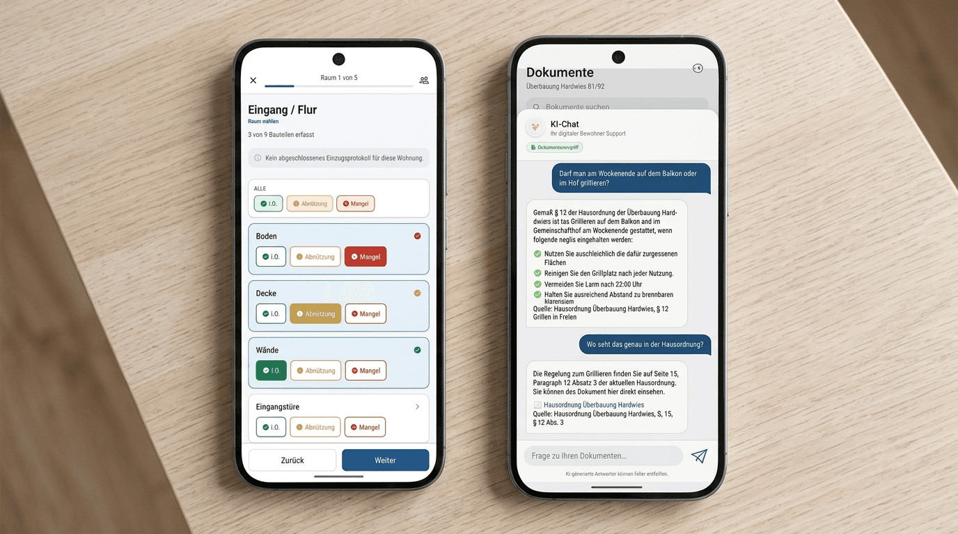 KI-Assistent-Chat in der Bewohner-App: Antwort zur Hausordnung mit Quellenangabe auf Seite 15