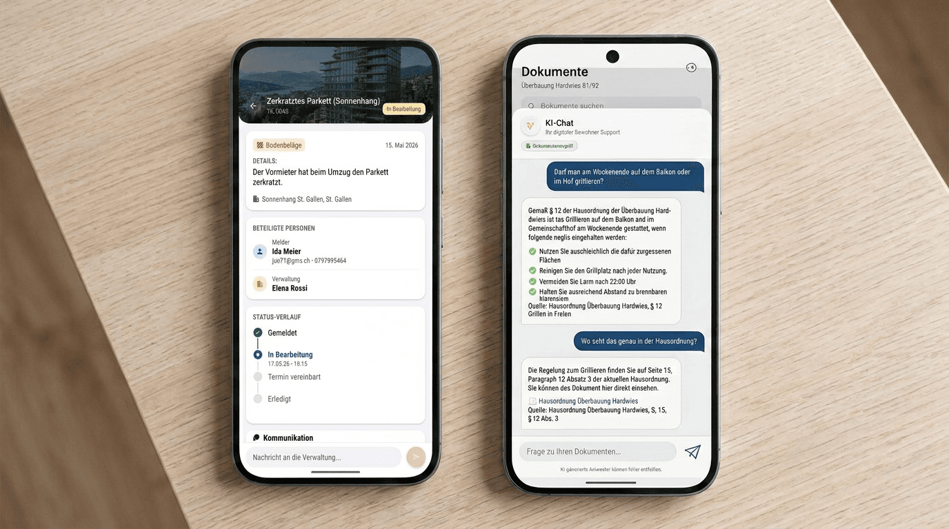 Bewohner-App auf zwei Smartphones: Vorgang mit Status-Verlauf und KI-Assistent-Chat zur Hausordnung