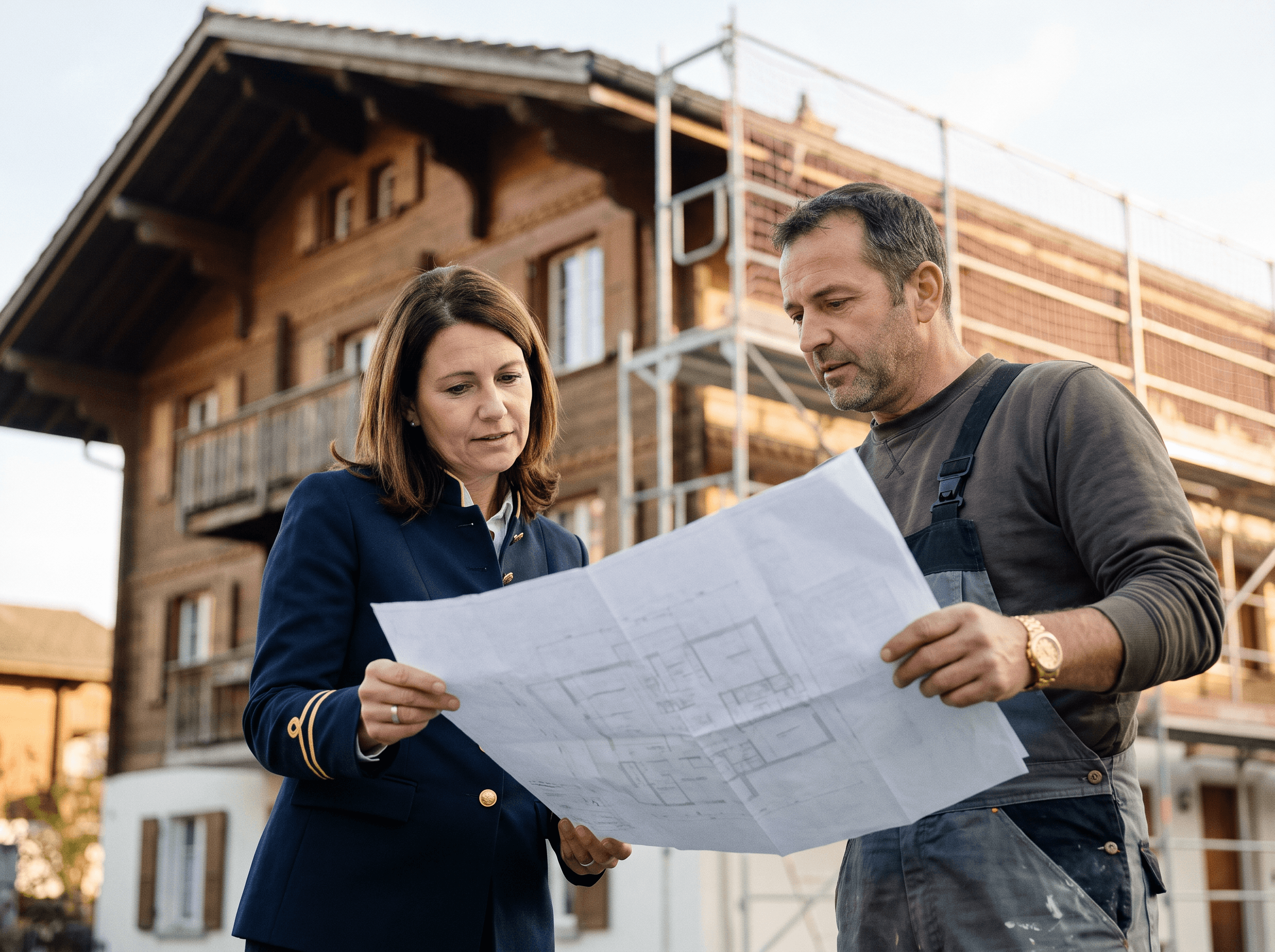 Bewirtschafterin und Bauleiter besprechen an einer Baustelle einen Sanierungsplan