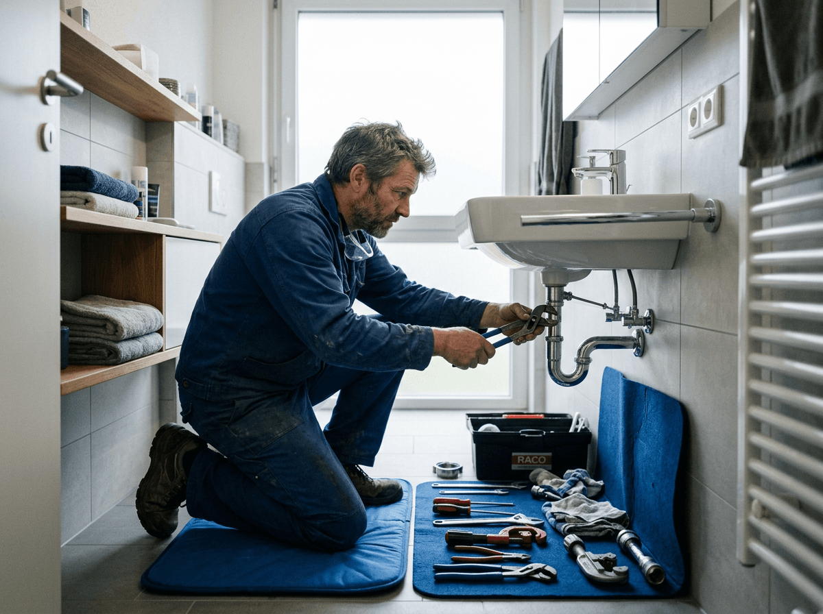 Handwerker repariert kniend eine Waschbecken-Armatur im Badezimmer