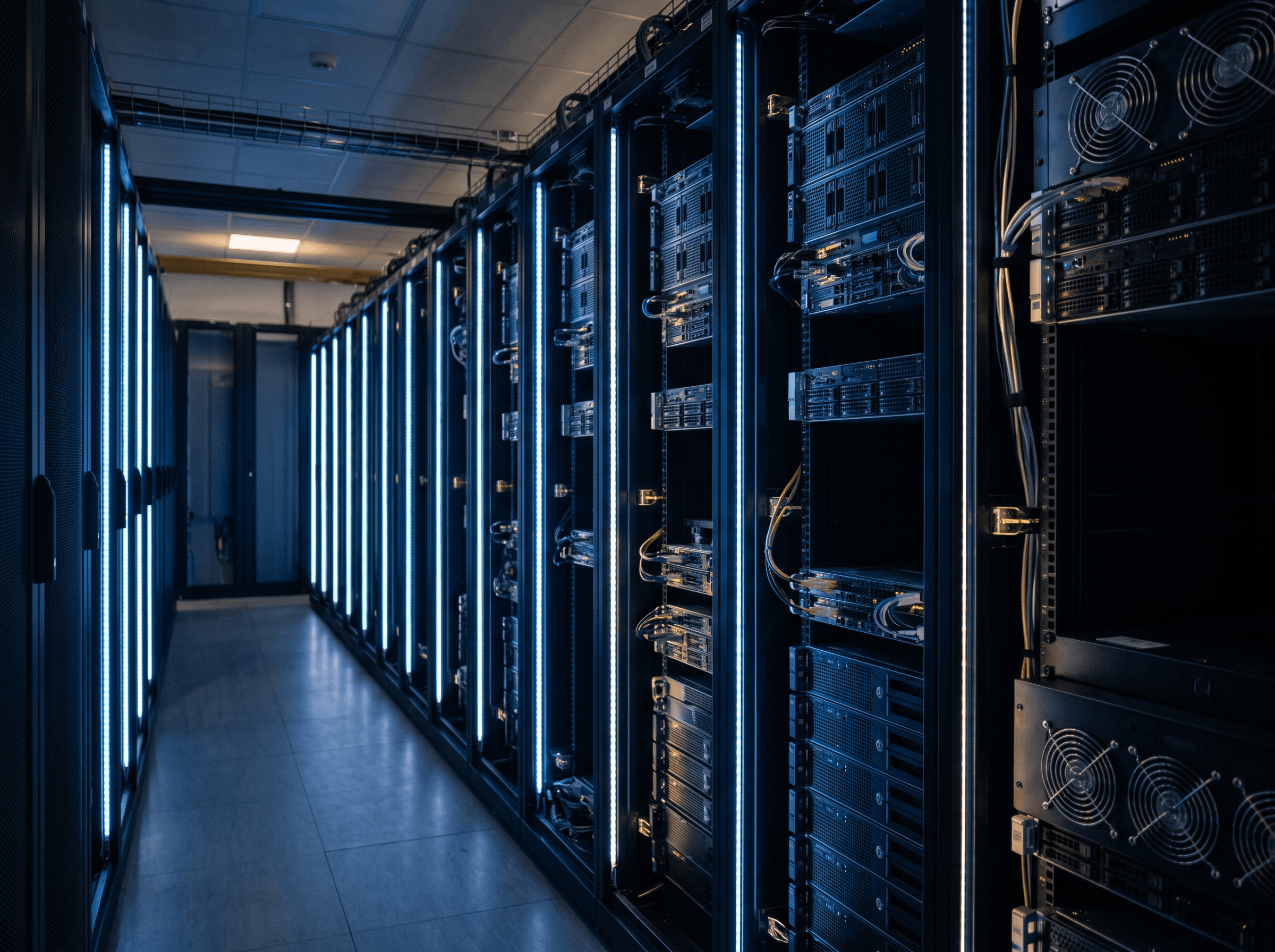 Rechenzentrum mit Reihen von Server-Racks in blauem Licht